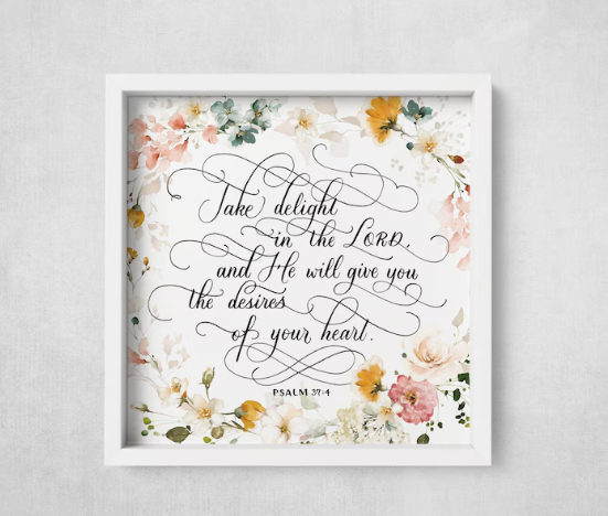 FLoral calligraphy Bible verse in a frame