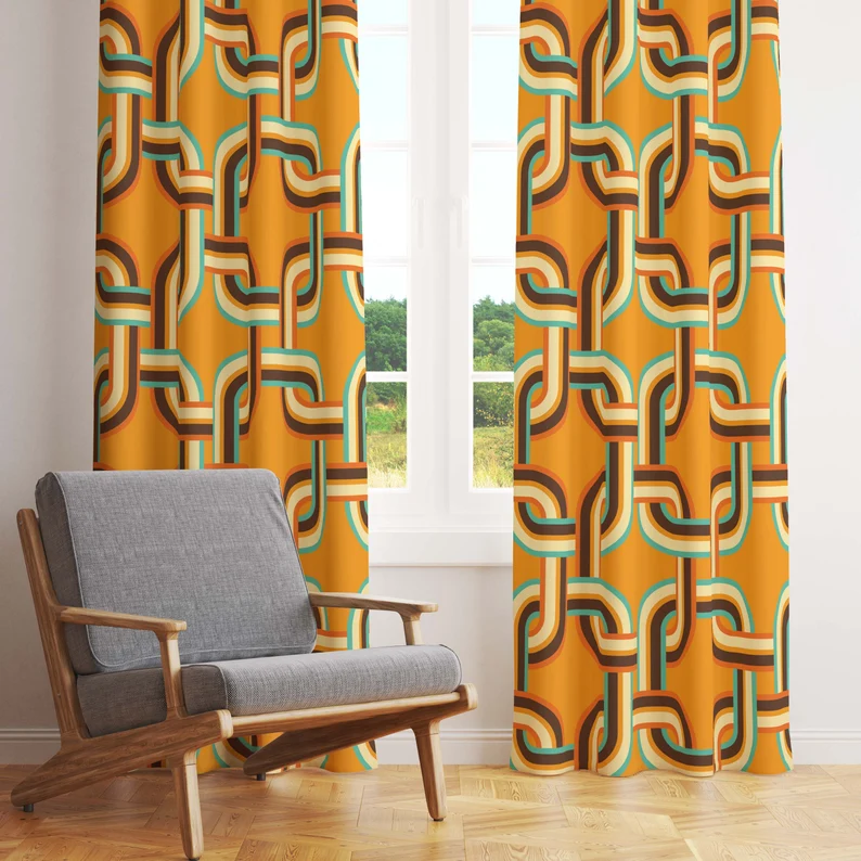 geometric design curtains in a window