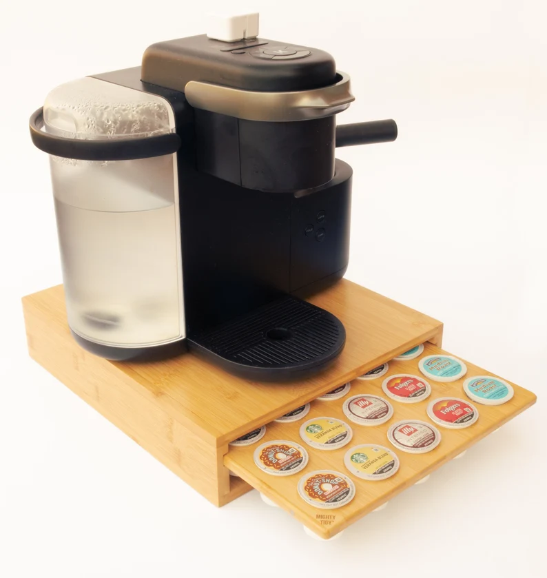 Coffee pod organizer drawer  and coffee maker